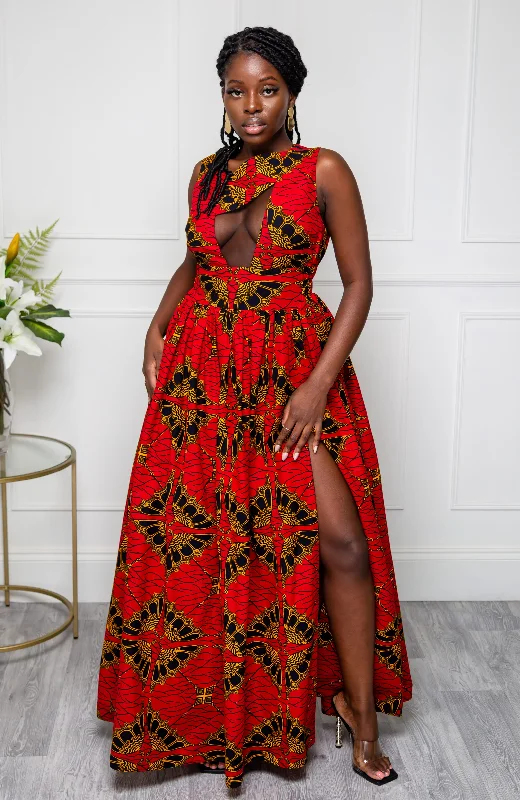 Front Mesh Panel African Print Sleeveless Maxi Dress - CORDELIA Fashionable Button-Down Maxi Dress