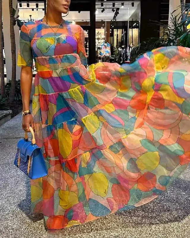 FRUIT PRINT SHORT SLEEVE MAXI DRESS Fashionable Sleeveless Maxi Dress