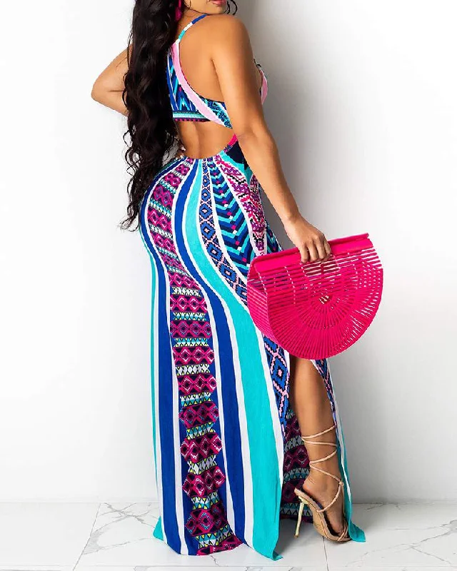 Geo Pattern Striped Print Cutout Backl Maxi Dress Stylish Button-Up Maxi Dress