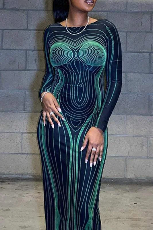 GEOMETRIC PRINT BODYCON MAXI DRESS Cozy Open-Back Maxi Dress