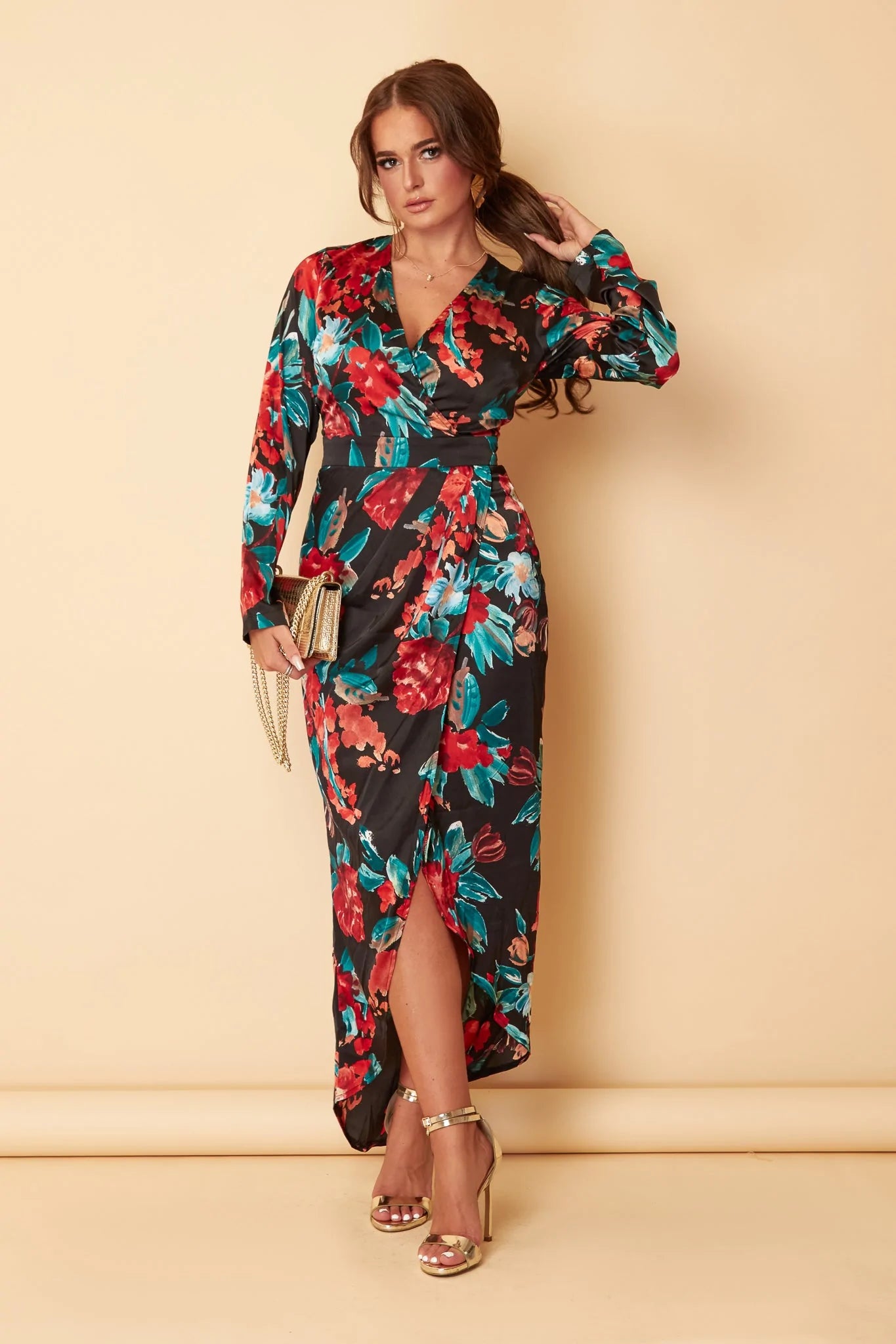 Grace Red Teal Floral Print Long Sleeve Maxi Dress Elegant Maxi Dress with Belt