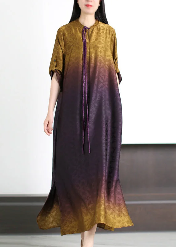 Gradient Color Purple Print Side Open Silk Maxi Dresses Summer Fashionable Faux Wrap Maxi Dress Gradient Color Purple Print Side Open Silk Maxi Dresses Summer Fashionable Faux Wrap Maxi Dress