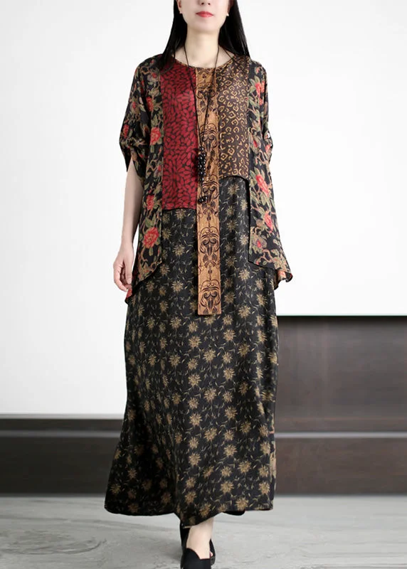 Handmade Black Asymmetrical Print Patchwork Silk Maxi Dresses Summer Comfortable Maxi Dress with Belt Handmade Black Asymmetrical Print Patchwork Silk Maxi Dresses Summer Comfortable Maxi Dress with Belt