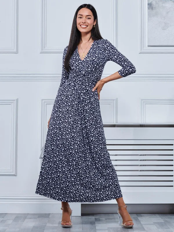 Hayat Twist Front Jersey Maxi Dress, Navy Floral Fashionable Off-Shoulder Maxi Dress