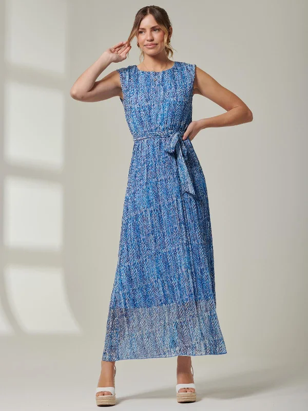 Hollyn Pleated Chiffon Maxi Dress, Blue Abstract Fashionable Layered Maxi Dress