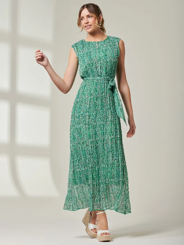 Hollyn Pleated Chiffon Maxi Dress, Green Abstract Elegant Maxi Dress with Belt