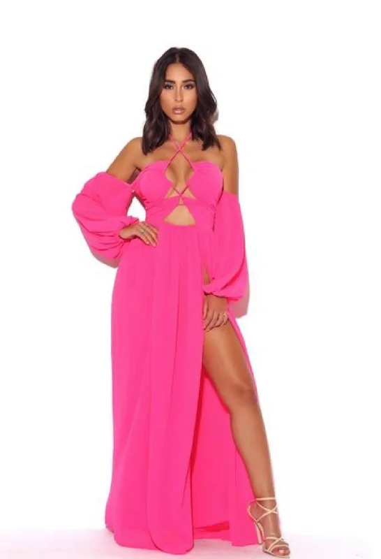 HOT PINK MAXI DRESS Fashionable Faux Wrap Maxi Dress