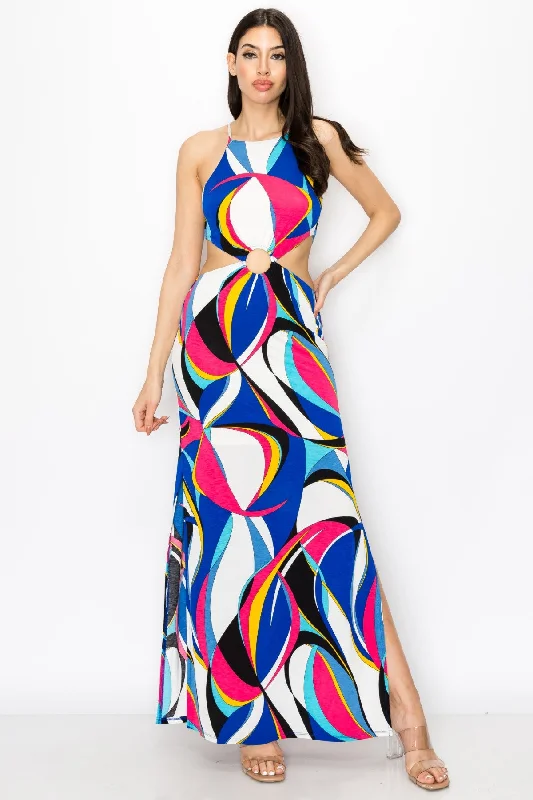 Sleeveless O-Ring Cut Out With Tie Back Abstract Maxi Dress Stylish Button-Up Maxi Dress Sleeveless O-Ring Cut Out With Tie Back Abstract Maxi Dress Stylish Button-Up Maxi Dress