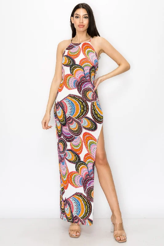 Strappy Back With Geometric Multi Circle Design Maxi Dress Comfortable Maxi Dress with Sleeves