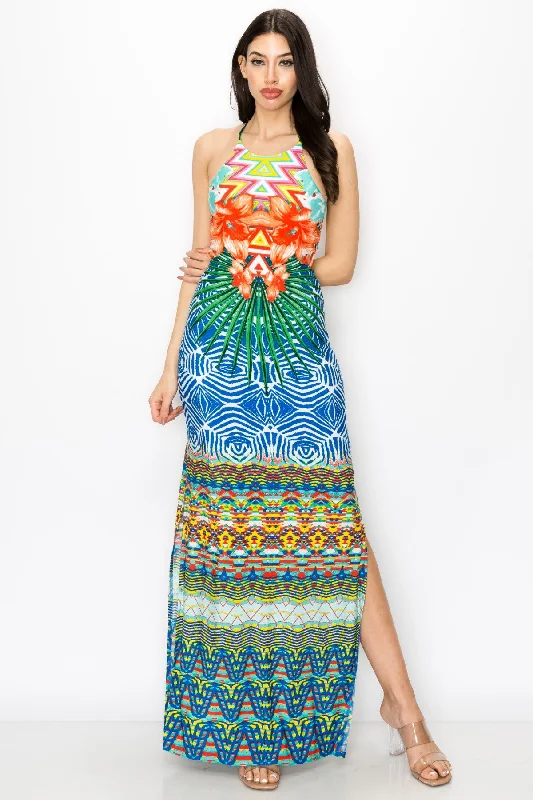 Tribal Print Dress With Criss Cross Back Strap Maxi Dress Cozy Ribbed Maxi Dress