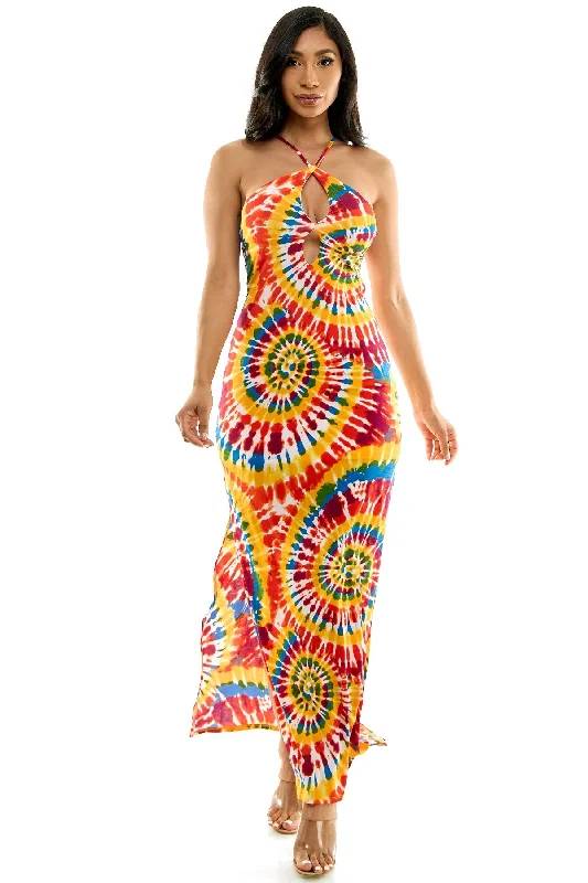 Beautiful Spiral Placement Tie Dye Halter Strappy Back Maxi Dress Stylish Button-Up Maxi Dress Beautiful Spiral Placement Tie Dye Halter Strappy Back Maxi Dress Stylish Button-Up Maxi Dress