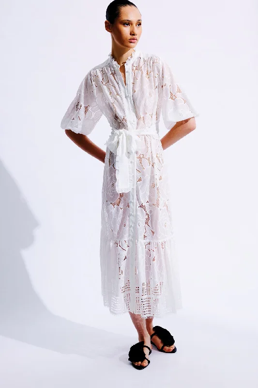 Jasmine Cotton Lace Maxi Dress | White Comfortable Long-Sleeve Maxi Dress