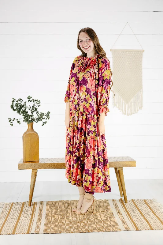 Julie Floral Maxi Dress - Plum Stylish Pleated A-Line Maxi Dress