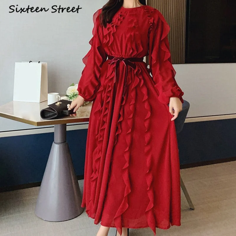 Korean Clothing  Autumn O-neck Long Sleeve Maxi Dresses for Women Chic Design Vintage Y2k Elegant Ladies Stylish V-Neck Maxi Dress