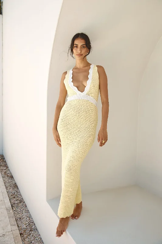 Lisbon Lover Knit Maxi Dress Yellow Elegant Maxi Dress with Belt