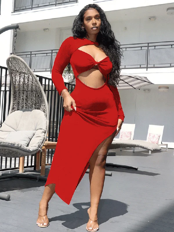 Long Sleeve Cutout High Slit Maxi Dress Trendy Short Sleeve Maxi Dress