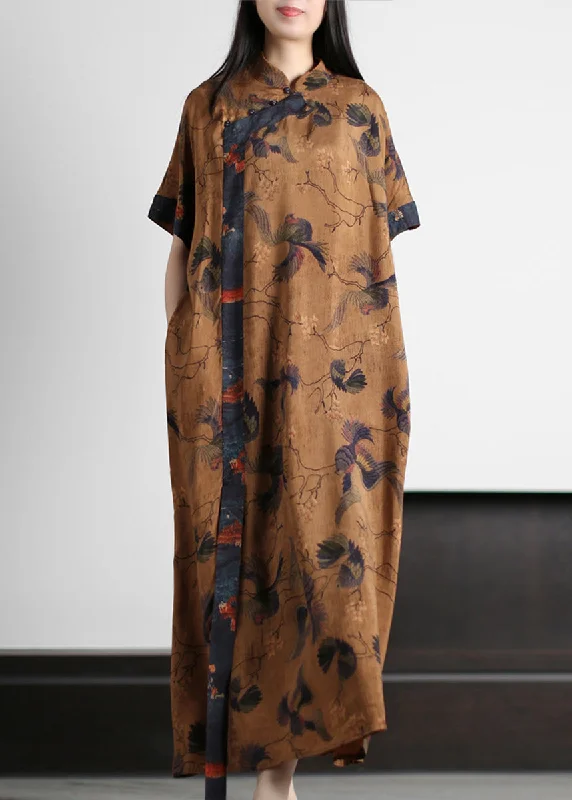 Natural Yellow Stand Collar Print Button Vacation Silk Maxi Dresses Short Sleeve Fashionable Maxi Dress with Fringe Natural Yellow Stand Collar Print Button Vacation Silk Maxi Dresses Short Sleeve Fashionable Maxi Dress with Fringe