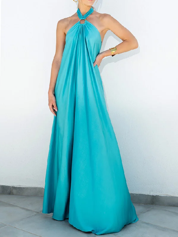 Off Shoulder Backless Halter Neck Solid Loose Maxi Dress Classic Black Maxi Dress