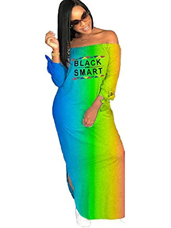 Off Shoulder Letter Print Split Maxi Dresses Stylish Maxi Dress with Frills
