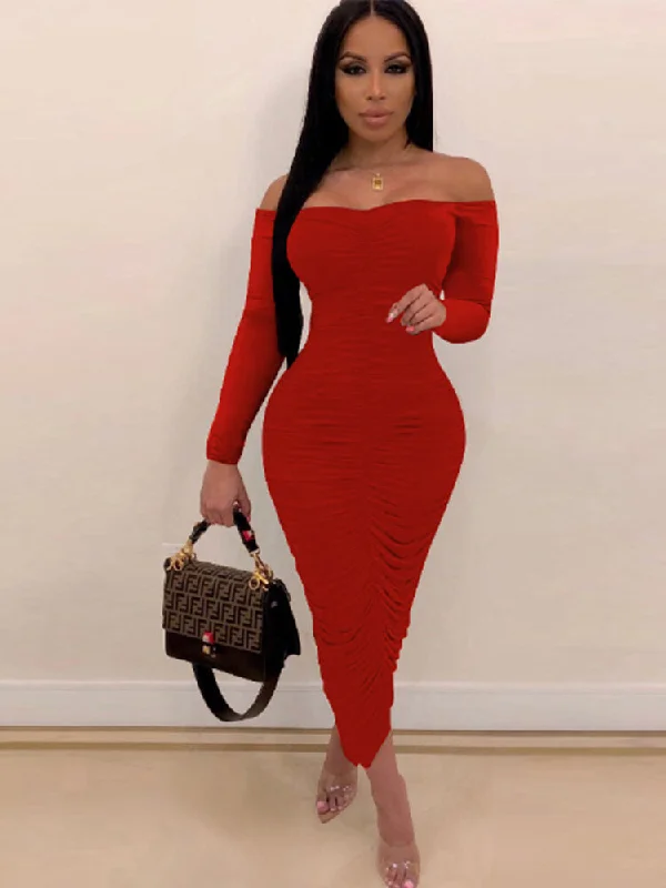 Off Shoulder Long Sleeve Elegant Maxi Dresses Comfortable Ruffle Maxi Dress