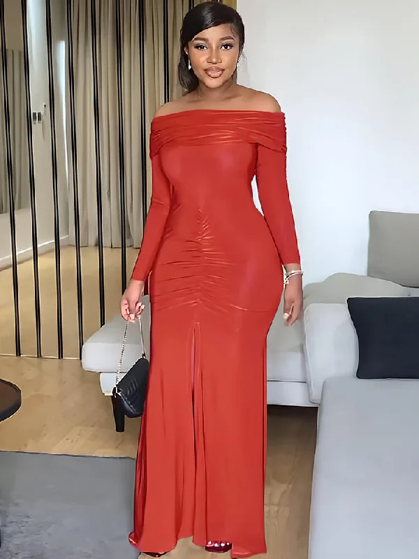 Off Shoulder Long Sleeve Fishtail Maxi Dresses Classic Solid Maxi Dress
