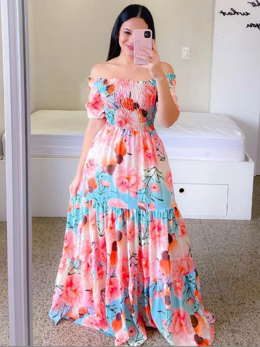 Offshoulder Short Sleeve High Waist Maxi Dress Fashionable High-Waist Maxi Dress