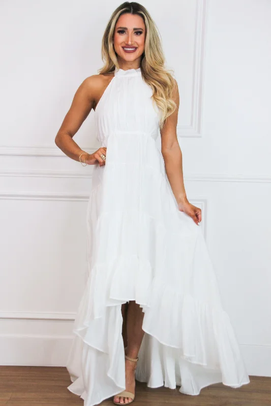 Oh, So Fabulous Halter Ruffle Maxi Dress: White Fashionable High-Low Maxi Dress
