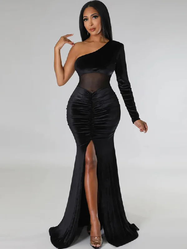 One Shoulder Mesh Patchwork Maxi Dresses Fashionable Off-Shoulder Maxi Dress