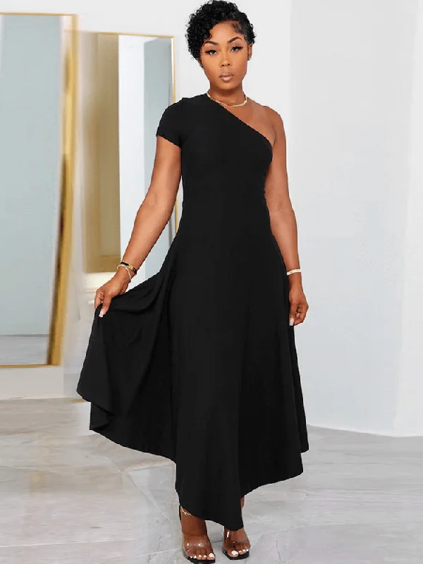 One Shoulder Solid Color Maxi Dress Stylish One-Shoulder Maxi Dress