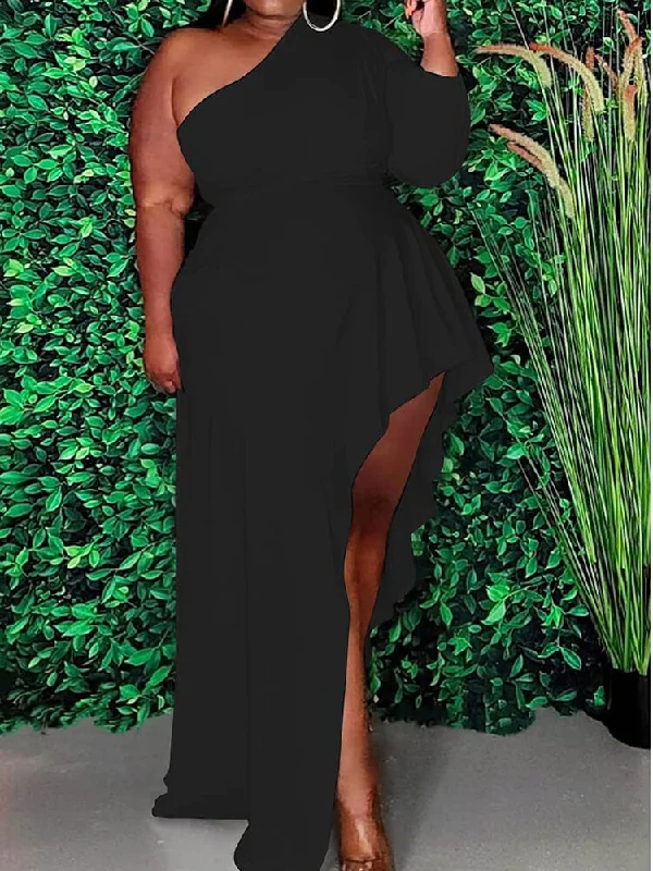 Plus Size One Sleeve Ruffle Asymmetrical Maxi Dress Elegant Maxi Dress with Lace