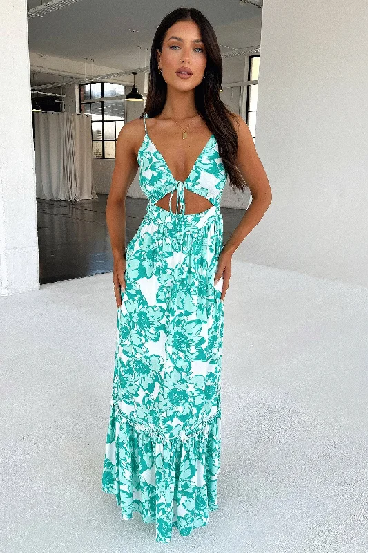 Primerose Maxi Dress - Green Floral Comfortable Satin Maxi Dress
