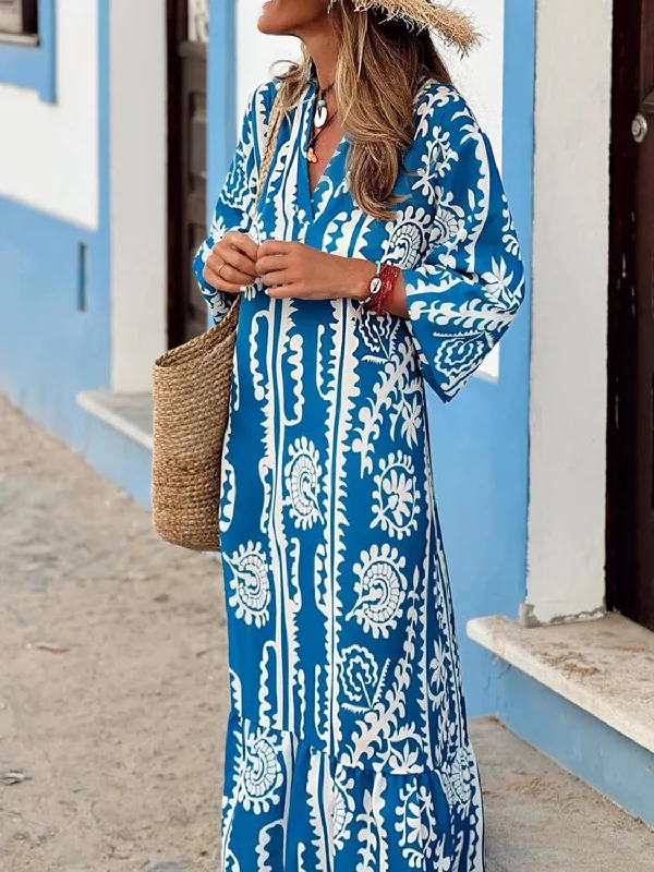 Printed Notched Half Sleeve Maxi Dress Elegant Floral Maxi Dress