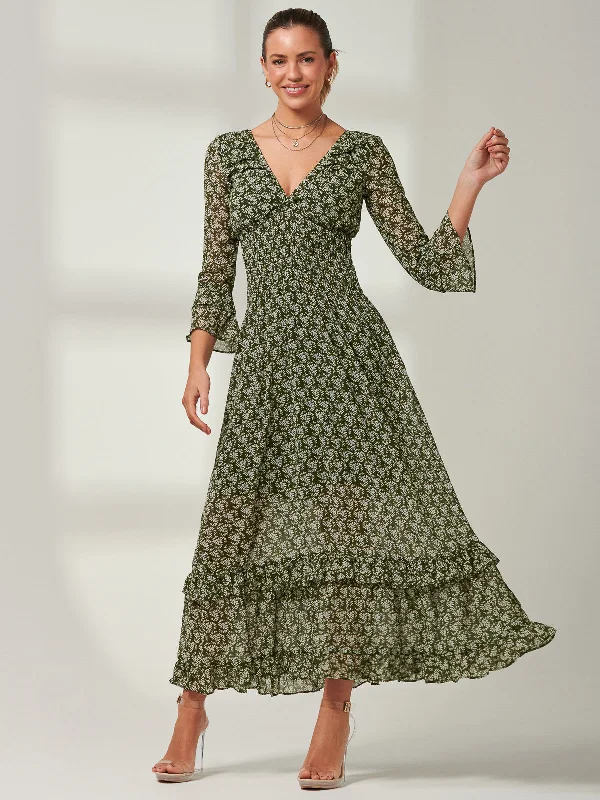 Qaiya Shirred Chiffon Maxi Dress, Green Floral Comfortable Ruffle Maxi Dress