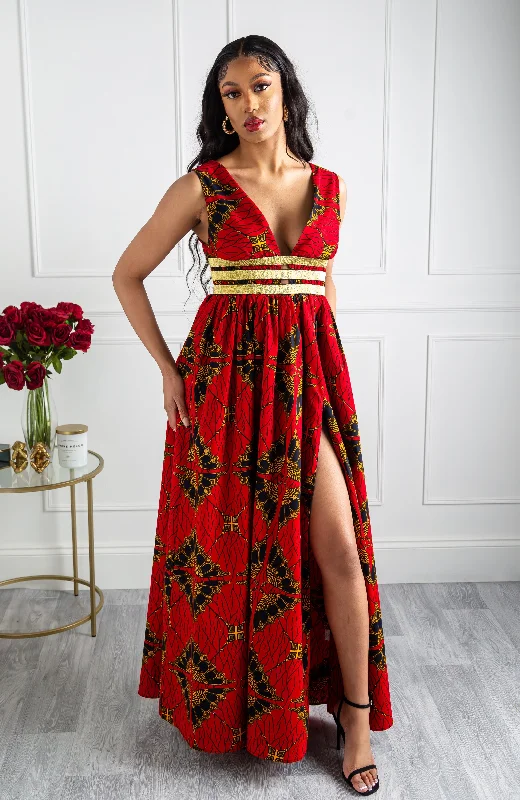 Red Ankara Plunge Neckline Maxi Dress - CORDELIA Trendy V-Neck Maxi Dress