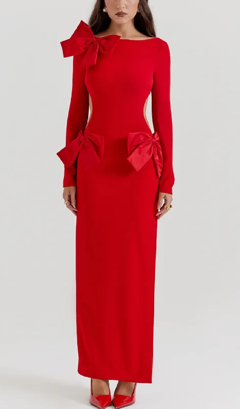 RED BOW EMBELLISHED MAXI DRESS Fashionable Printed Maxi Dress