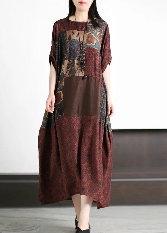 Retro Dark Red Patchwork Print Cozy Silk Maxi Dresses Summer Cozy Maxi Dress with Slit