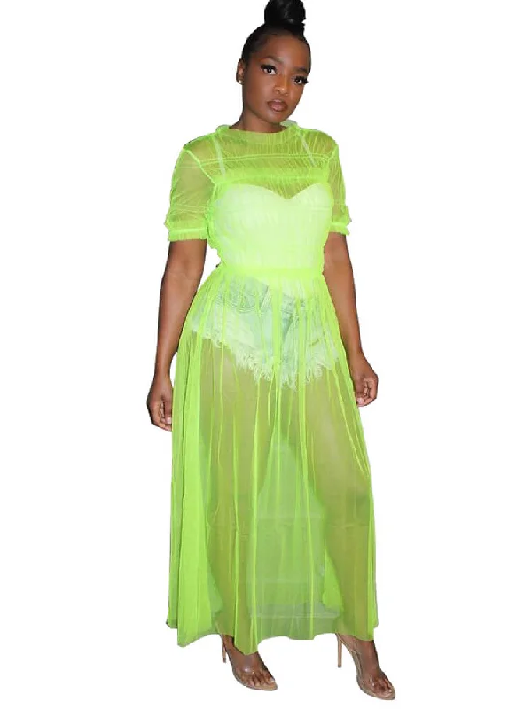 Ruffle Mesh Short Sleeve Maxi Dresses Fashionable High-Low Maxi Dress
