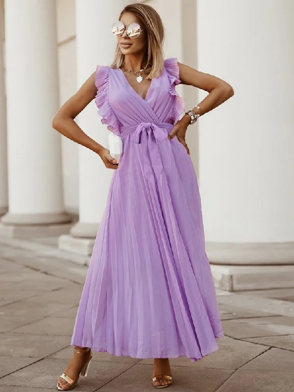 Ruffle Sleeveless V Neck Wrap Front Maxi Dress Fashionable Button-Down Maxi Dress