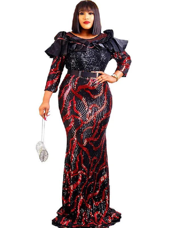 Sequin Pearl Patchwork Long Sleeve Maxi Dresses Stylish One-Shoulder Maxi Dress