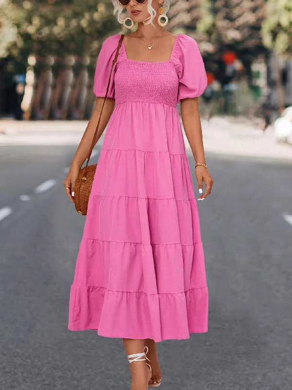 Square Neck Short Sleeve Solid Flared Maxi Dress Elegant Pleated Maxi Dress