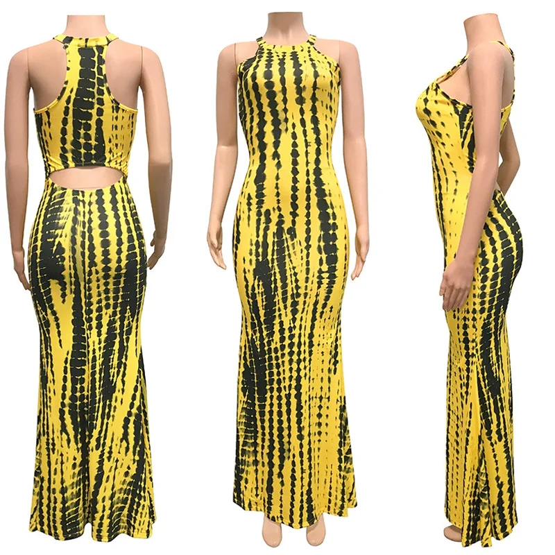 Sleeveless Print Maxi Dresses Stylish Pleated A-Line Maxi Dress