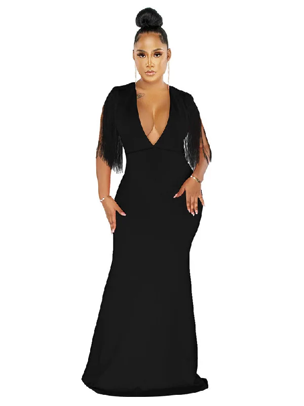 Sleeveless Tassel V Neck Maxi Dresses Stylish Maxi Dress with Pleats