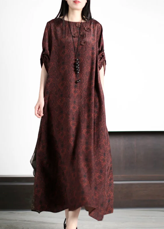 Stylish Dark Red O-Neck Print Silk Maxi Dress Summer Chic Summer Floral Maxi Dress