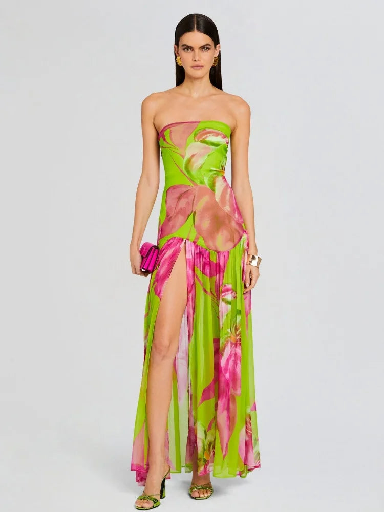 Strapless Print Backless Split Maxi Dress Fashionable Sleeveless Maxi Dress