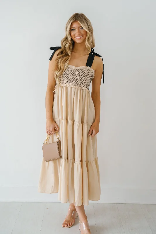 Rachael Shoulder Tie Maxi Dress - Beige - FINAL SALE Cozy Knit Maxi Dress