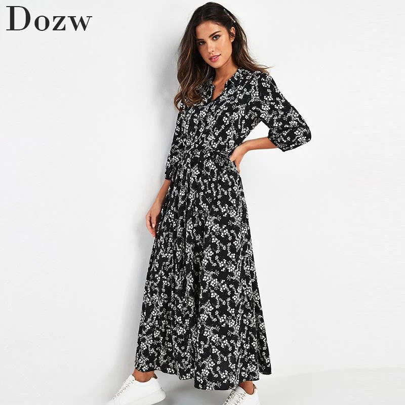 Vintage Floral Print Maxi Dress Women Boho Three Quarter Sleeve Long Sashes Dress Turn Down Collar Casual Shirt Dresses Robe Trendy V-Neck Maxi Dress Vintage Floral Print Maxi Dress Women Boho Three Quarter Sleeve Long Sashes Dress Turn Down Collar Casual Shirt Dresses Robe Trendy V-Neck Maxi Dress