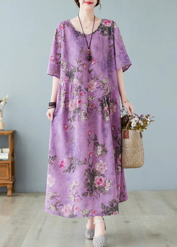 Vintage Purple O-Neck Print Maxi Dress Summer Comfortable Satin Maxi Dress
