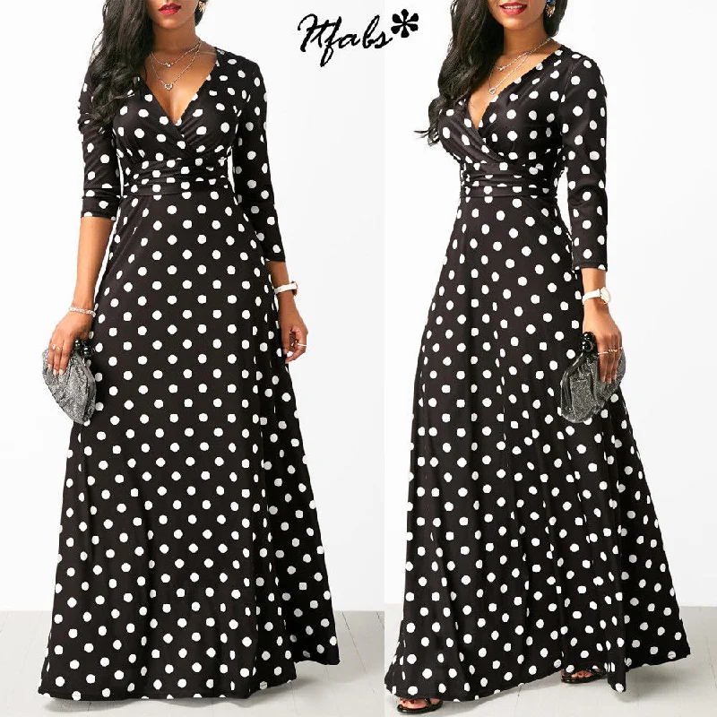 Women Long Maxi Dresses Bohemia V-neck Three Quarter Sleeve Dots Print Ethnic Summer Beach Female Stylish Style Dress Cozy Longline Maxi Dress