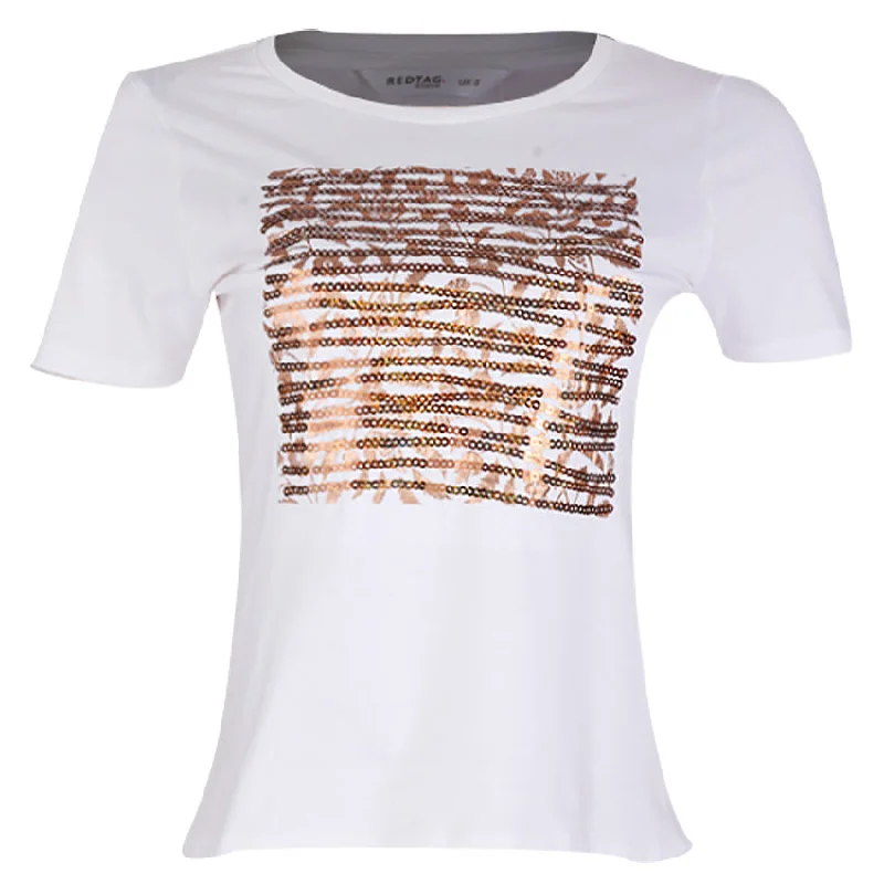 Redtag Black Photographic Print T-Shirt for Women Lace Blend Ribbed Blend Corduroy Blend