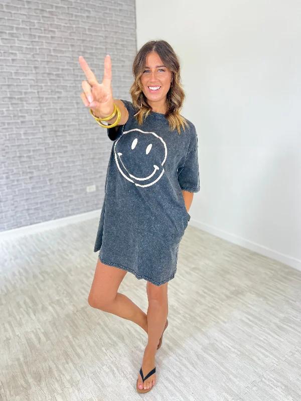A Reason To Smile T-Shirt Dress - Black Cotton Fabric Linen Fabric Terry Fabric